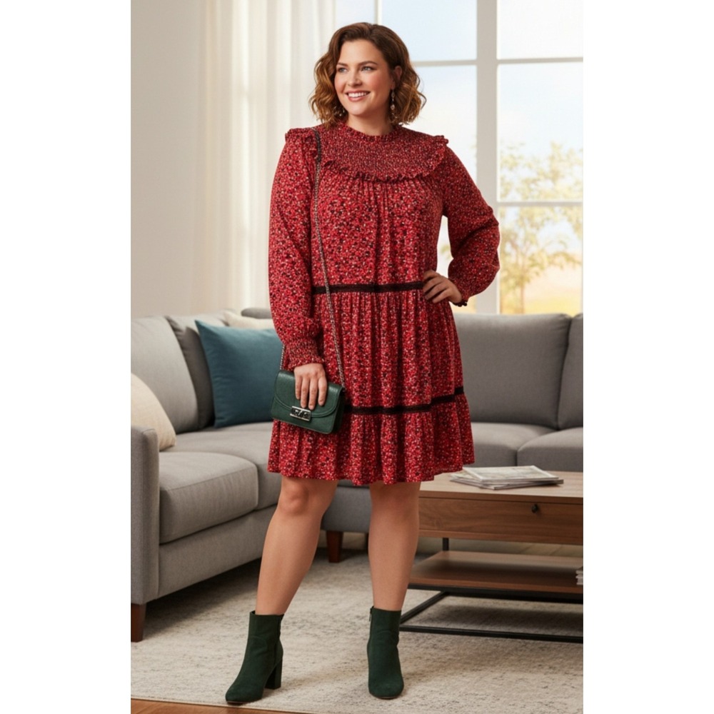 Scotch & Soda Tiered Mini Dress‎ Women XL Red Floral Smocked Ruffle Neck